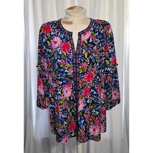 The Pioneer Woman Mystic Floral Quarter Sleeve Blouson Empire Top Large Navy